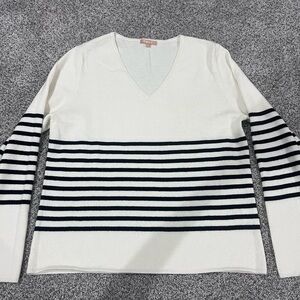 Kier + J Women’s Cashmere Long Sleeve V Neck Ivory Black Striped Sweater Size XL
